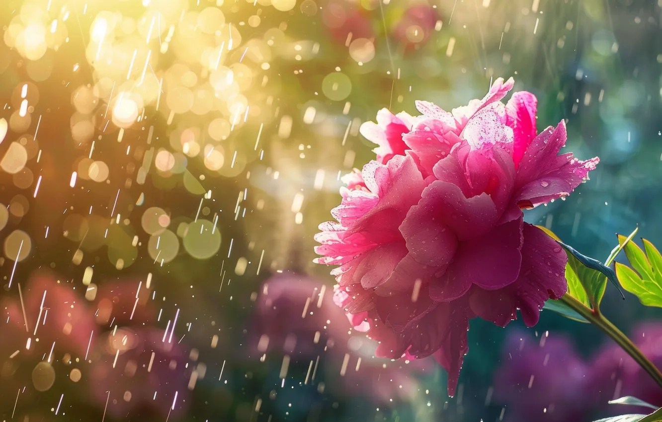 Photo wallpaper flowers, rain, peonies, AI art, neural network