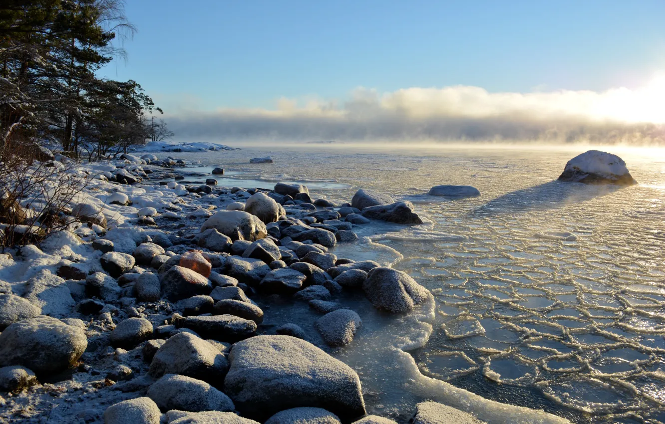 Photo wallpaper winter, sea, stones, coast, Finland, The Baltic sea, Helsinki, Uusimaa