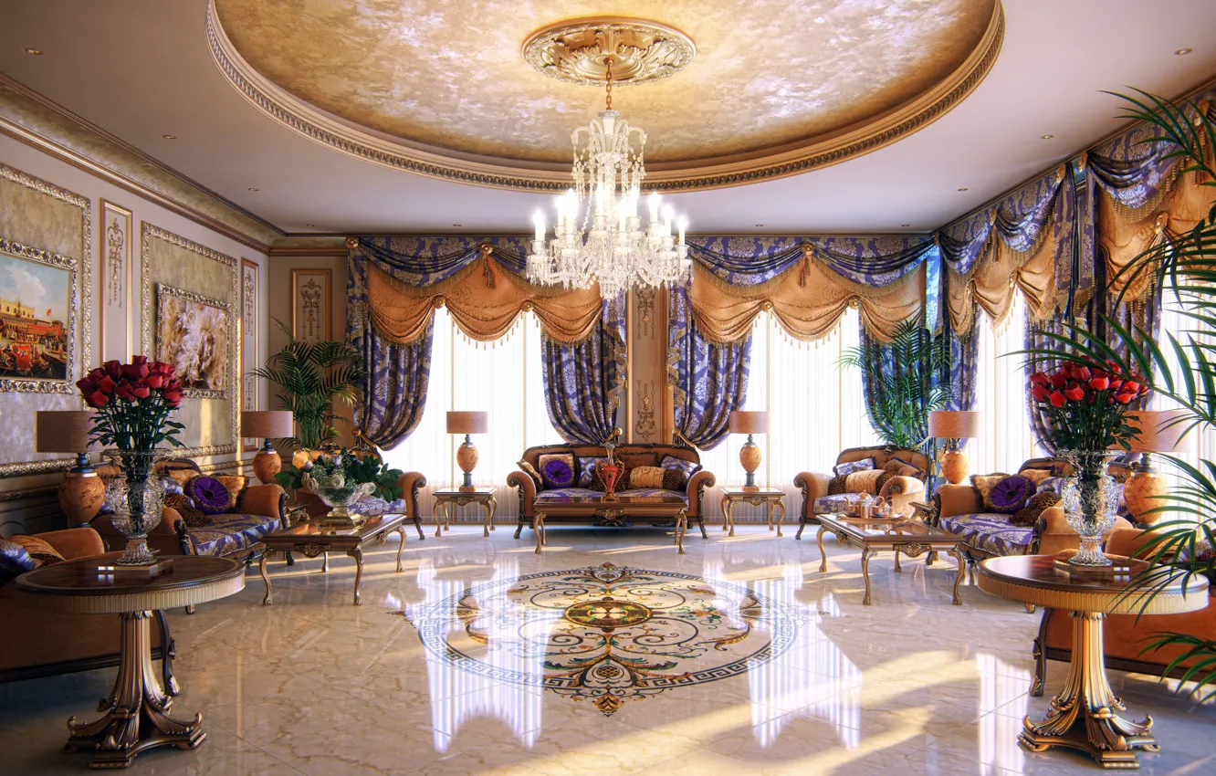 Photo wallpaper table, room, Wallpaper, interior, chandelier, wallpaper, marble, penthouse