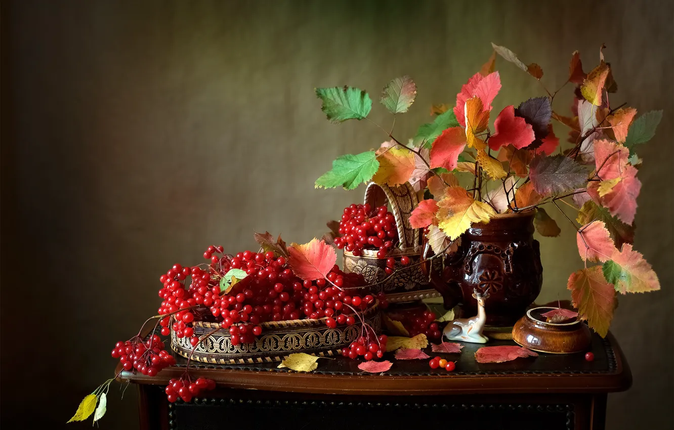 Photo wallpaper autumn, leaves, branches, berries, deer, vase, still life, table