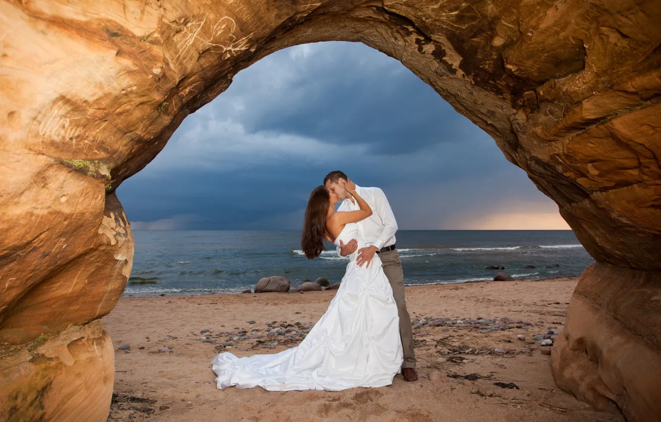 Photo wallpaper sand, sea, beach, the sky, girl, love, joy, happiness
