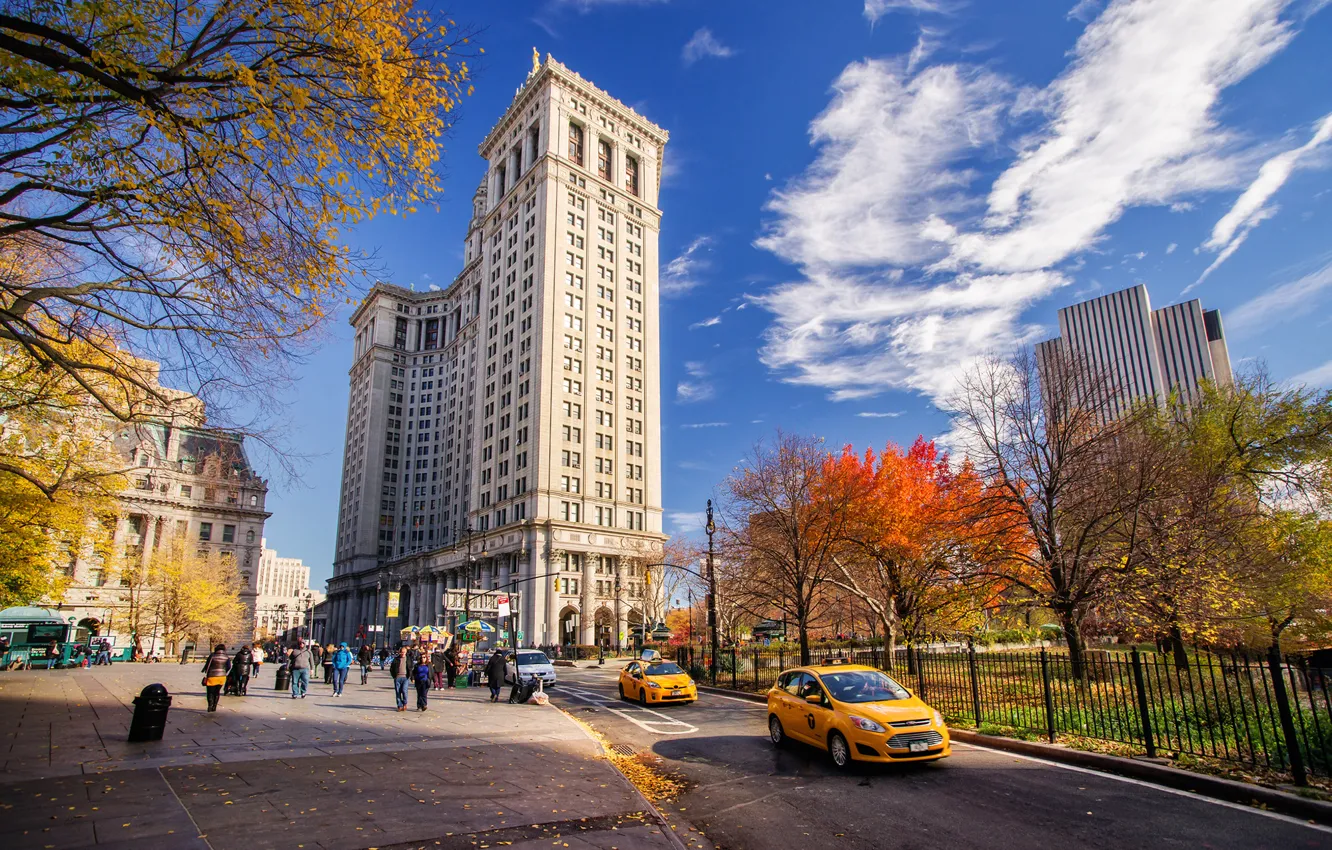 Photo wallpaper road, machine, autumn, the sky, clouds, the city, Park, street
