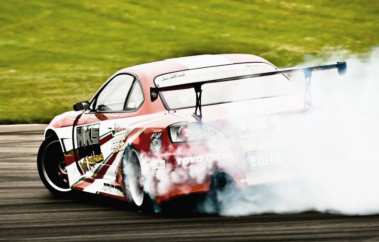 Photo wallpaper sport, tuning, smoke, skid, cars, nissan, drift, cars