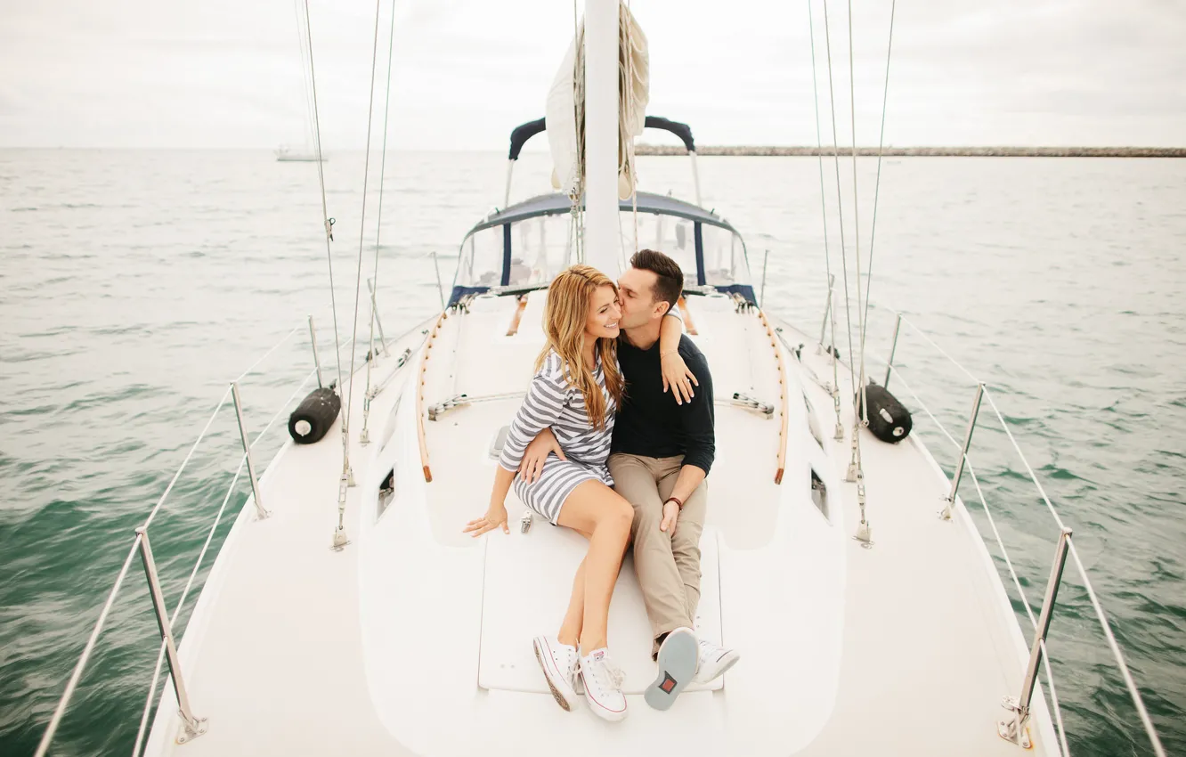 Photo wallpaper sea, woman, yacht, blonde, pair, male, lovers