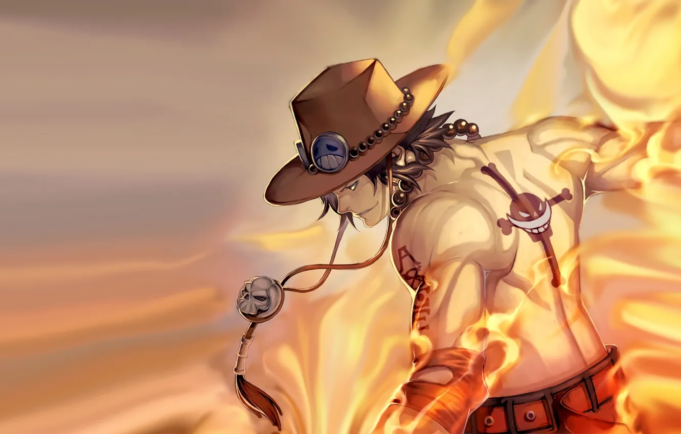 Photo wallpaper lights, hat, anime, art, guy, One Piece