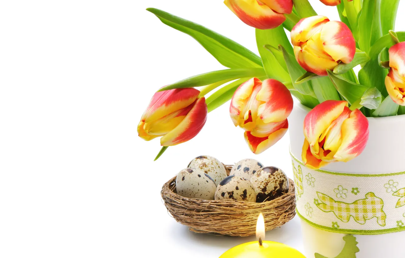 Photo wallpaper flowers, eggs, candles, Easter, tulips, Easter