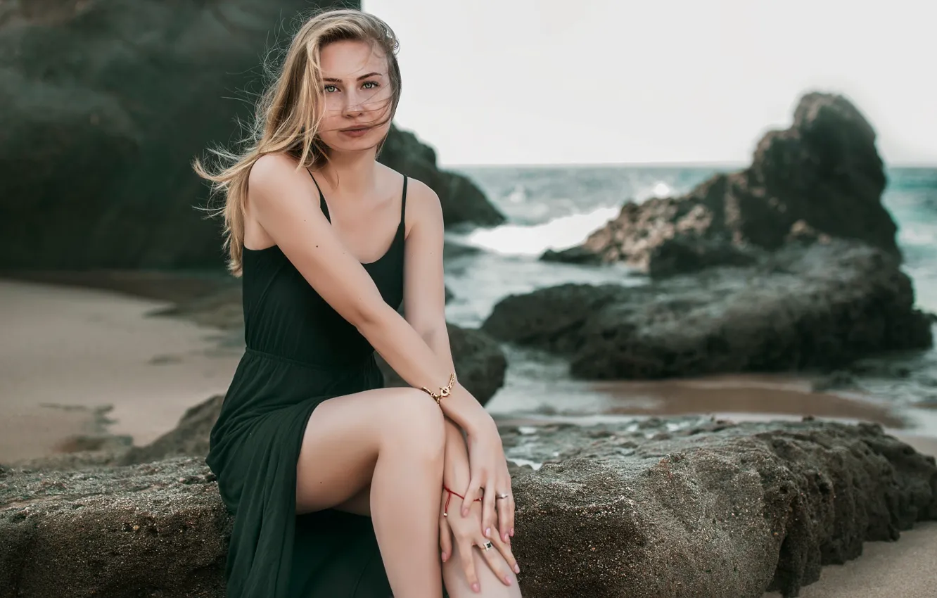 Photo wallpaper sand, sea, beach, look, landscape, pose, stones, model