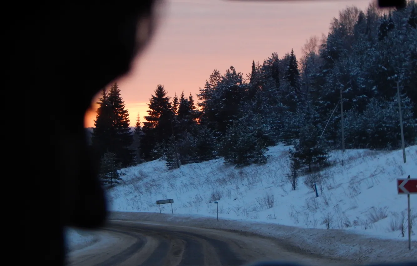Photo wallpaper winter, road, sunset, Perm