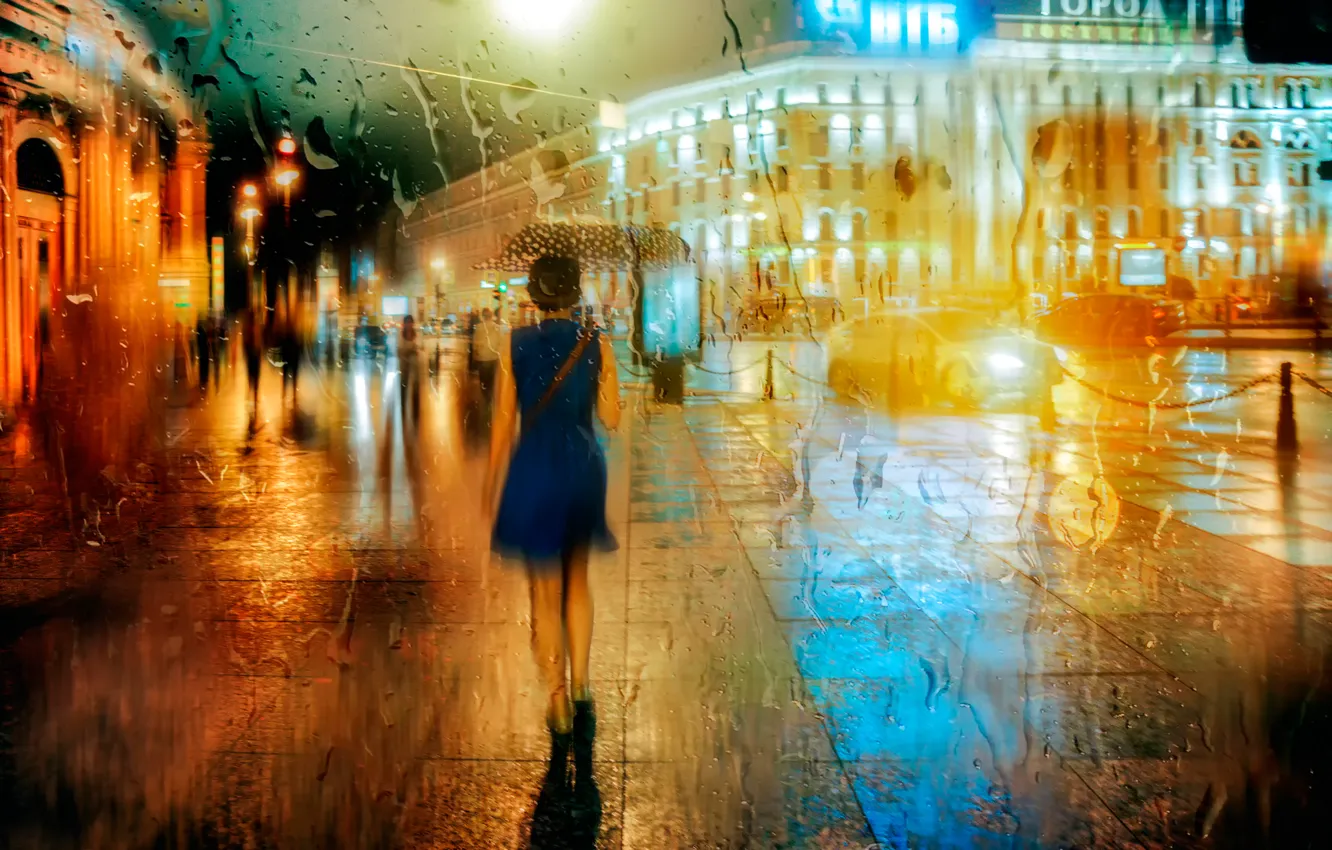 Photo wallpaper girl, drops, umbrella, Saint Petersburg, the rain