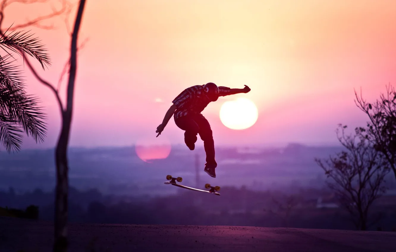 Photo wallpaper road, sunset, jump, sun, sports, silhouette, skateboard, athlete