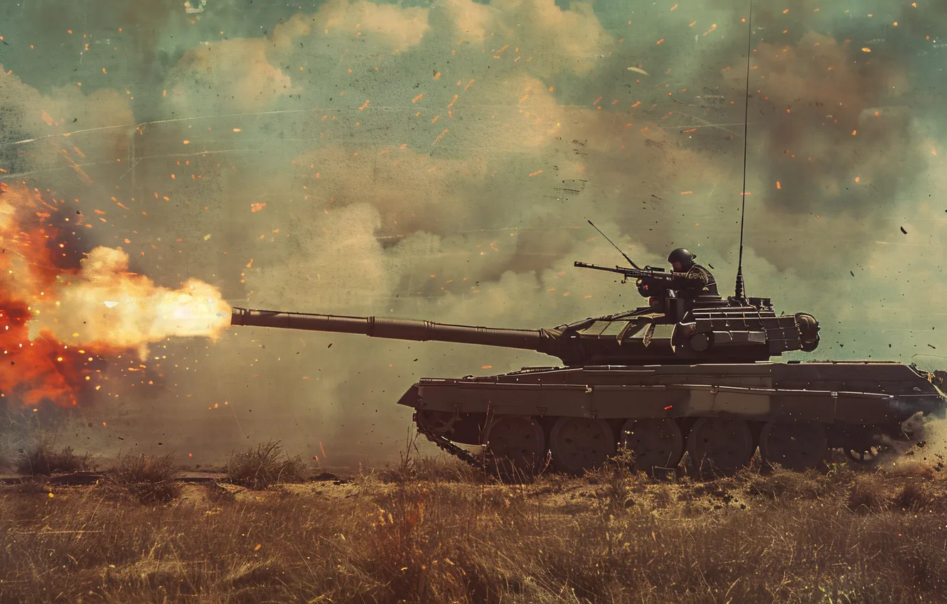 Photo wallpaper lights, retro, smoke, shot, tank, side, tankers, digital art