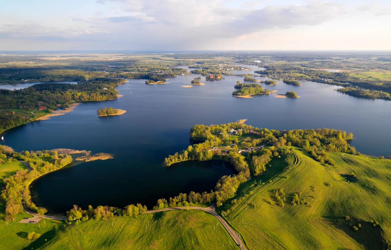 Photo wallpaper field, beauty, lake, panorama, Lithuania, Trakai Historical National Park