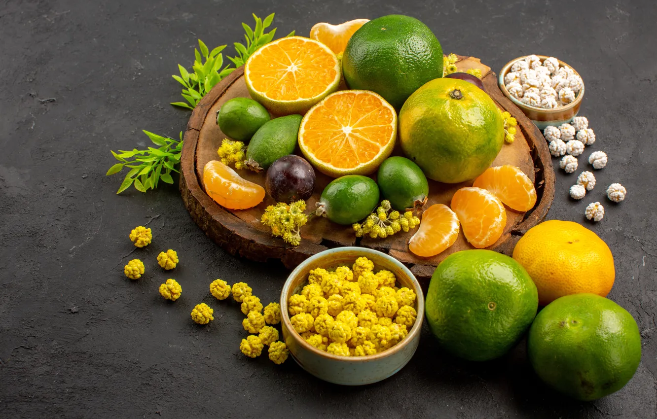 Photo wallpaper orange, citrus, bowl, popcorn, lime
