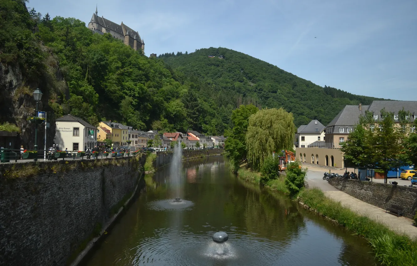 Photo wallpaper Home, River, Mountain, Building, Luxembourg, River, Vianden, Luxembourg