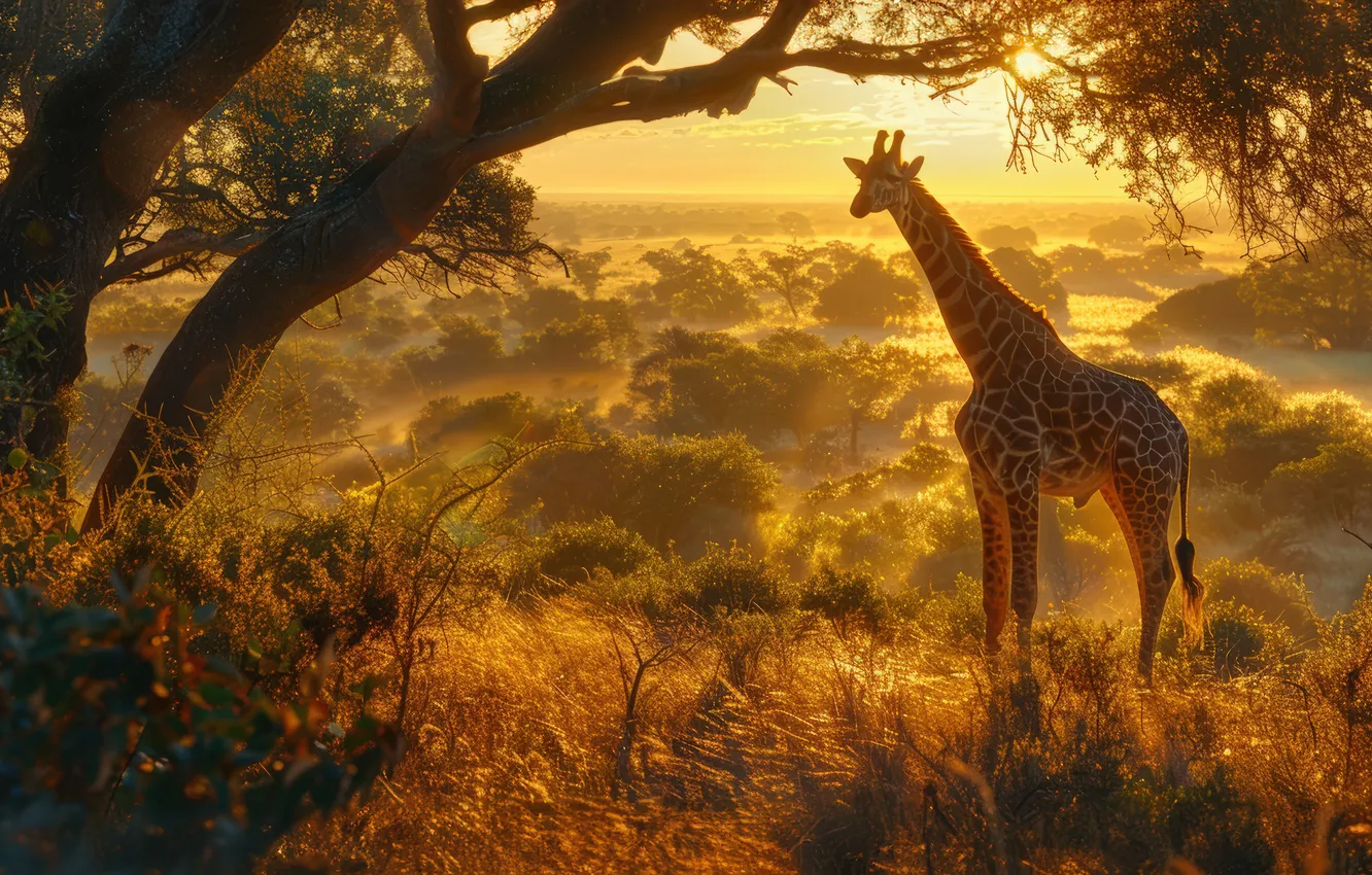 Photo wallpaper trees, dawn, giraffe, Savannah, digital art, AI art, The Art of Artificial Intelligence, neural network