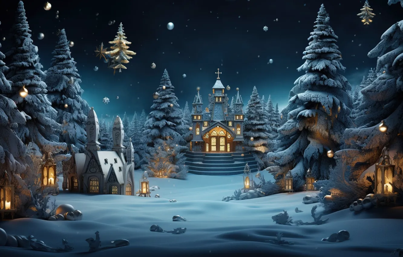 Photo wallpaper winter, snow, night, lights, tree, new year, village, Christmas