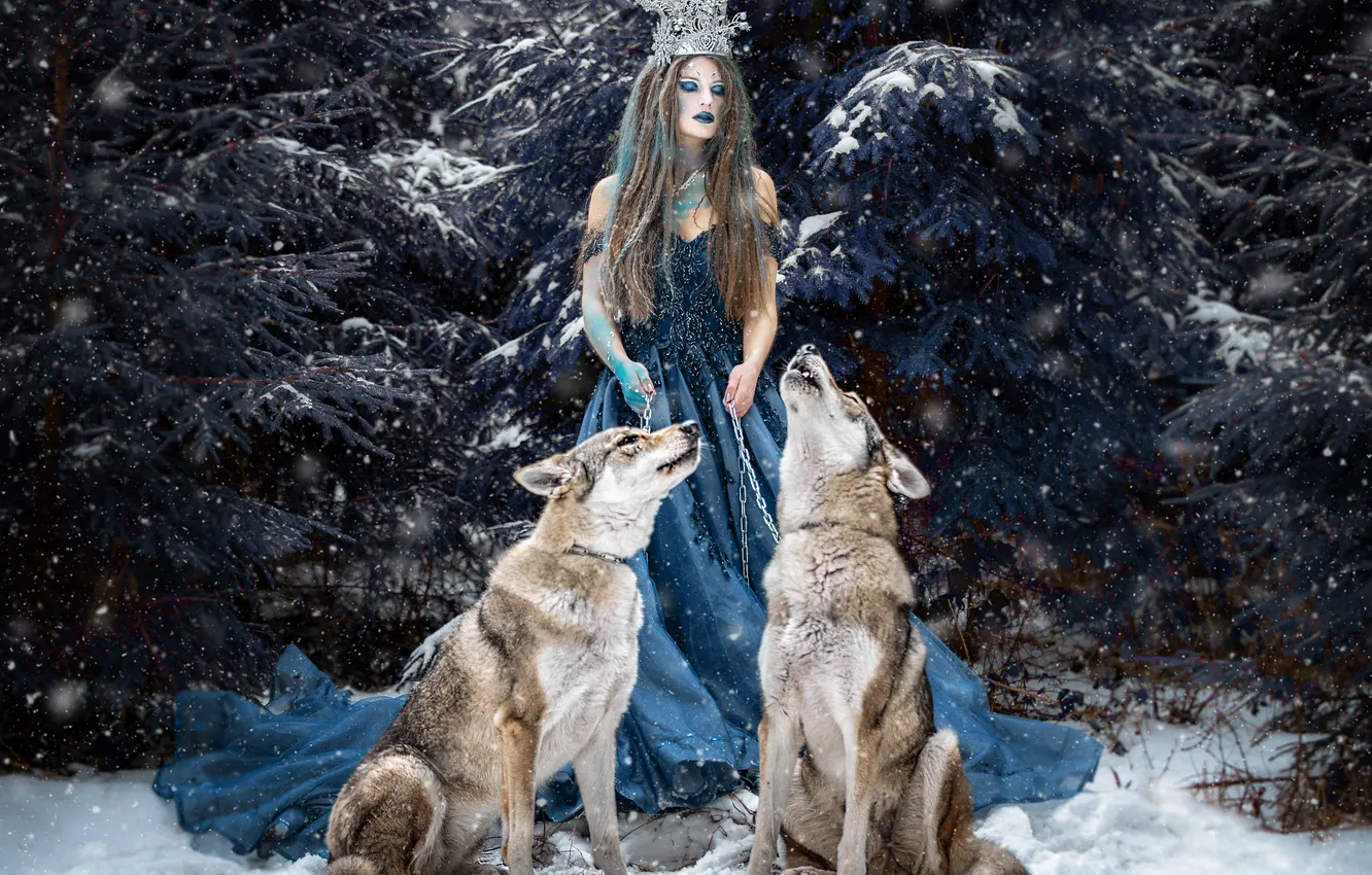 Photo wallpaper cold, winter, forest, girl, snow, decoration, branches, nature