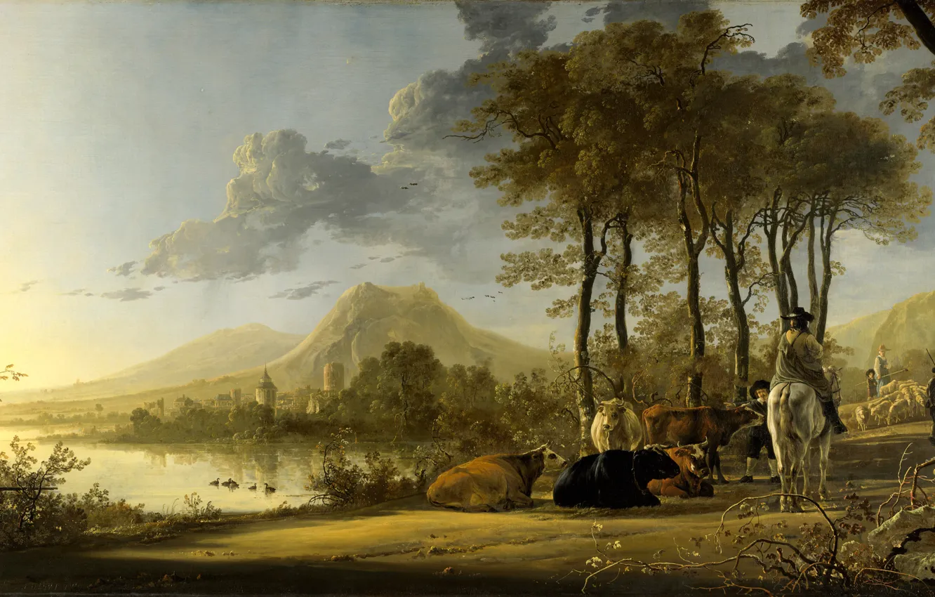 Photo wallpaper animals, mountain, picture, The Albert Cuyp, Aelbert Jacobsz Cuyp, River Landscape with Horseman and Peasants