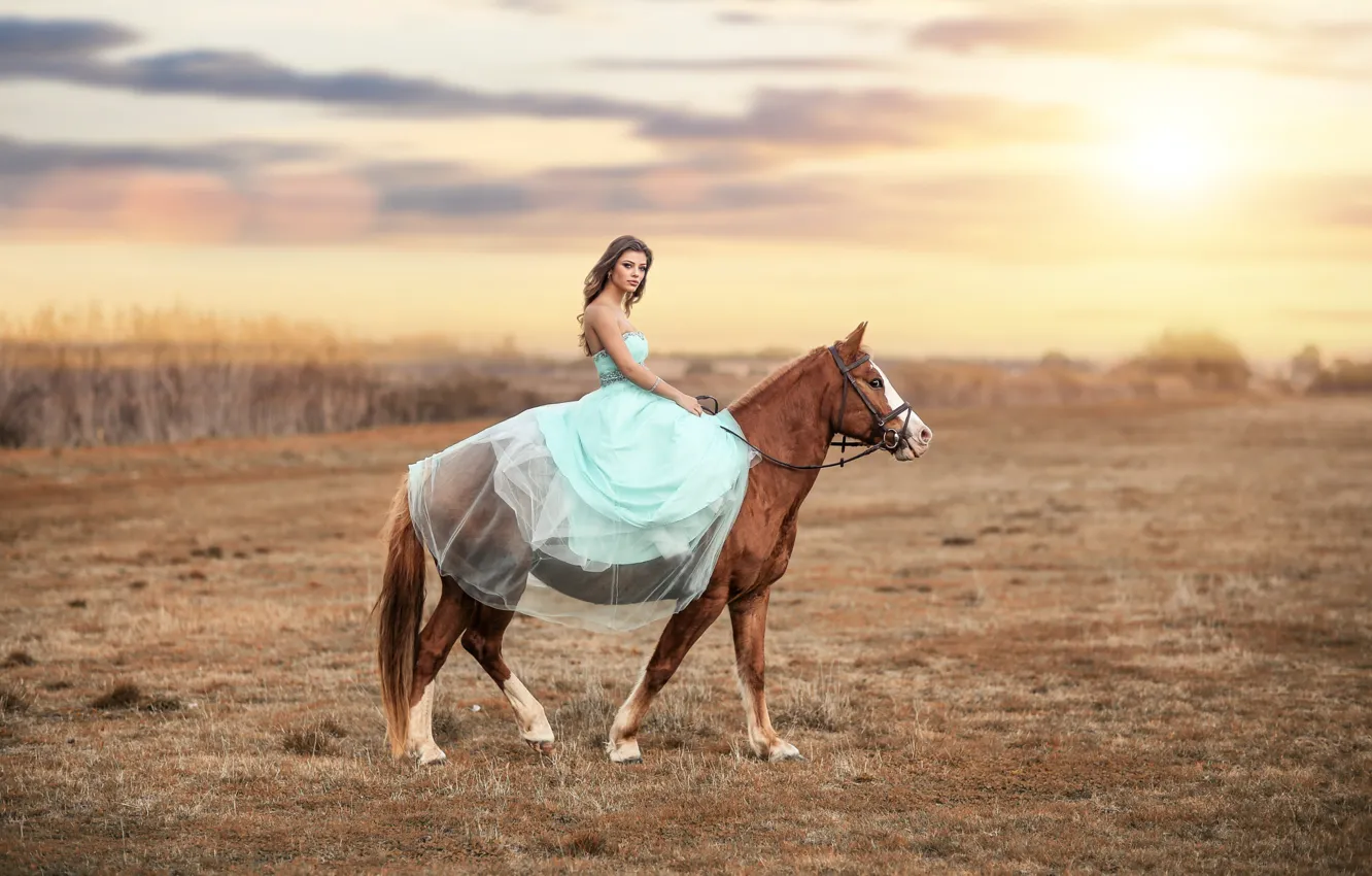 Photo wallpaper look, girl, sunset, nature, pose, horse, dress, beauty
