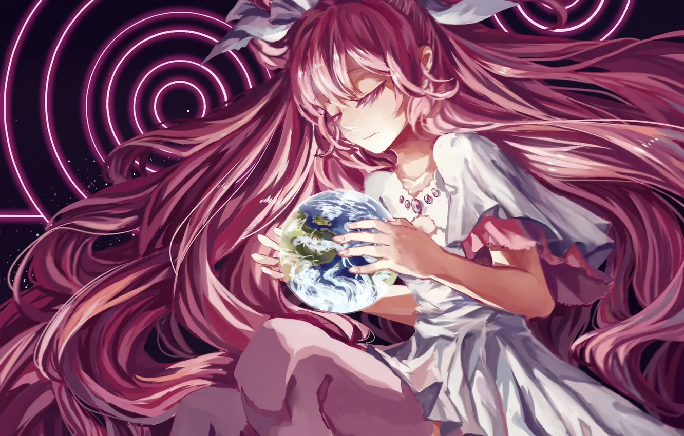 Photo wallpaper girl, earth, planet, anime, art, bow, mahou shoujo madoka magica, madoka kaname