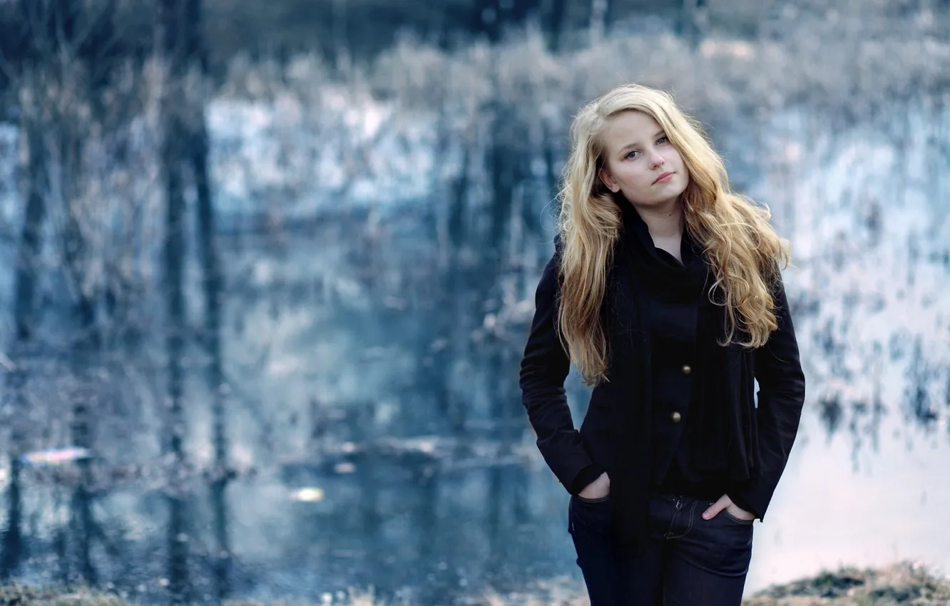 Photo wallpaper winter, look, girl, lake, scarf, blonde