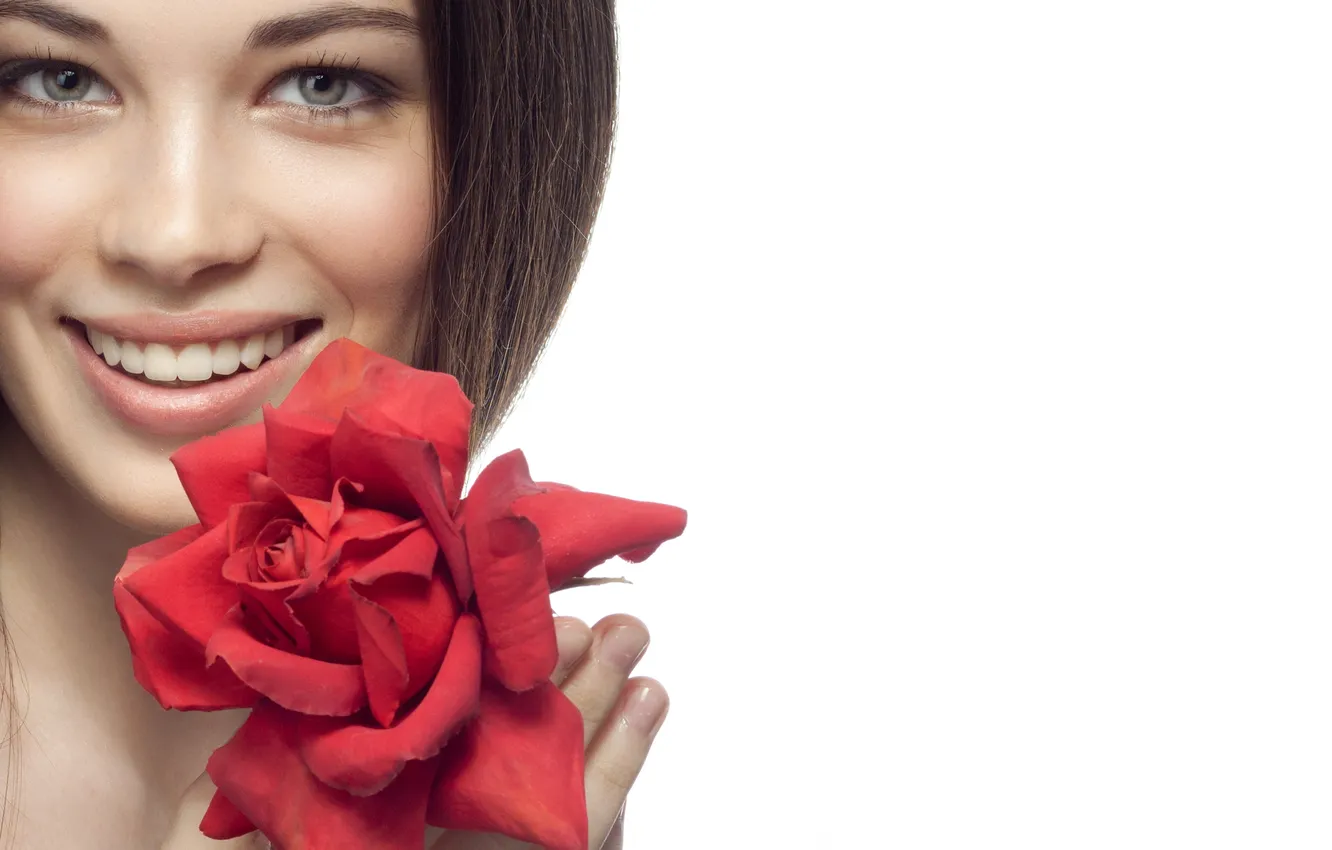 Photo wallpaper look, girl, face, smile, roses, white background