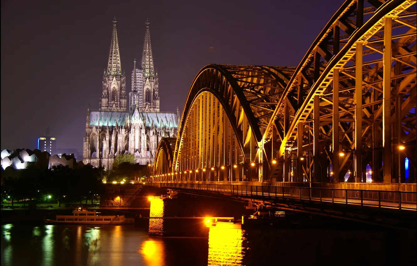 Photo wallpaper night, bridge, lights, river, the evening, Germany, Cathedral, Cologne