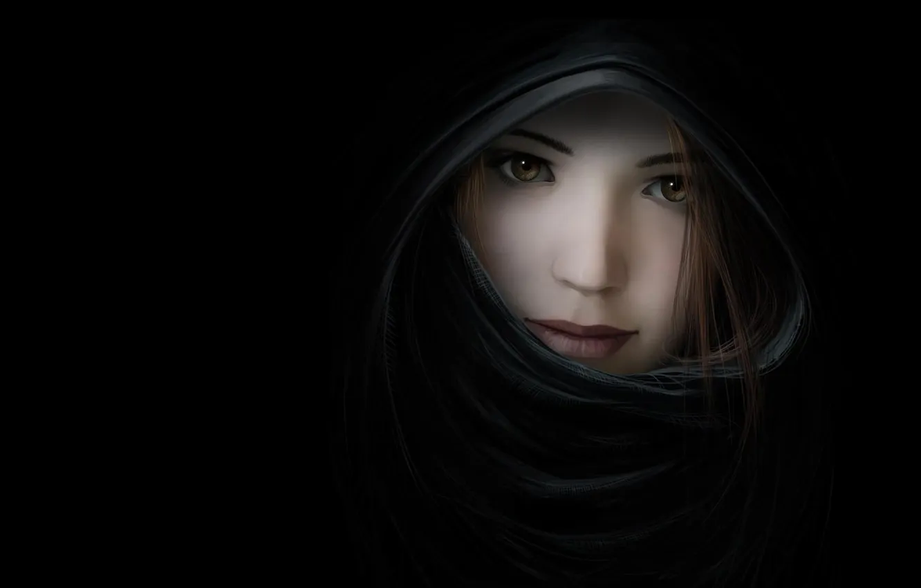 Photo wallpaper face, darkness, figure, shawl, art