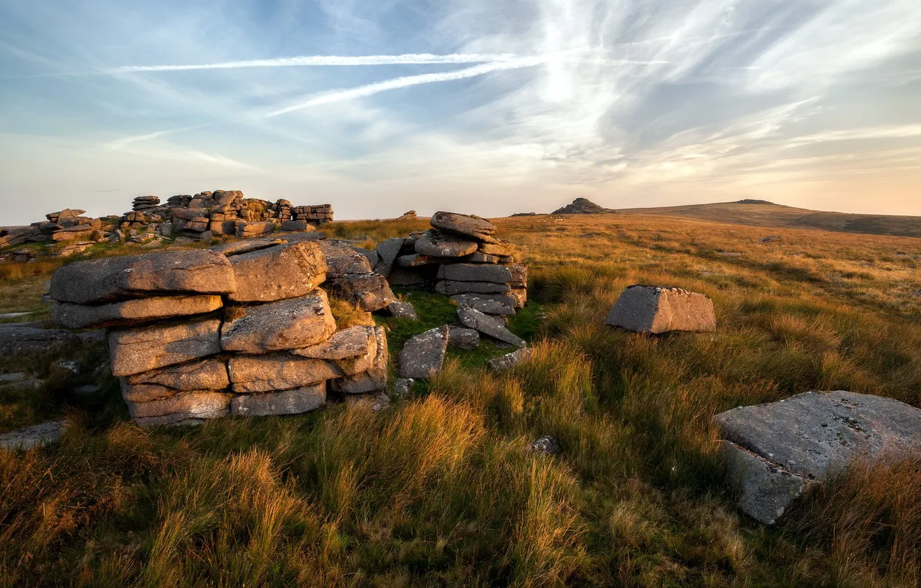 Photo wallpaper field, landscape, sunset, stones