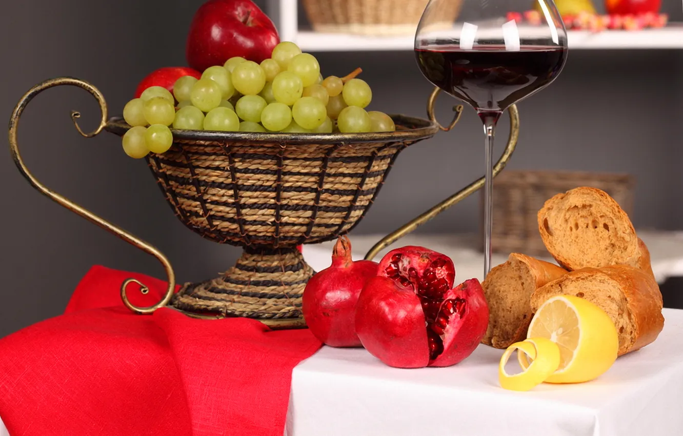 Photo wallpaper reflection, table, wine, red, lemon, glass, bread, grapes