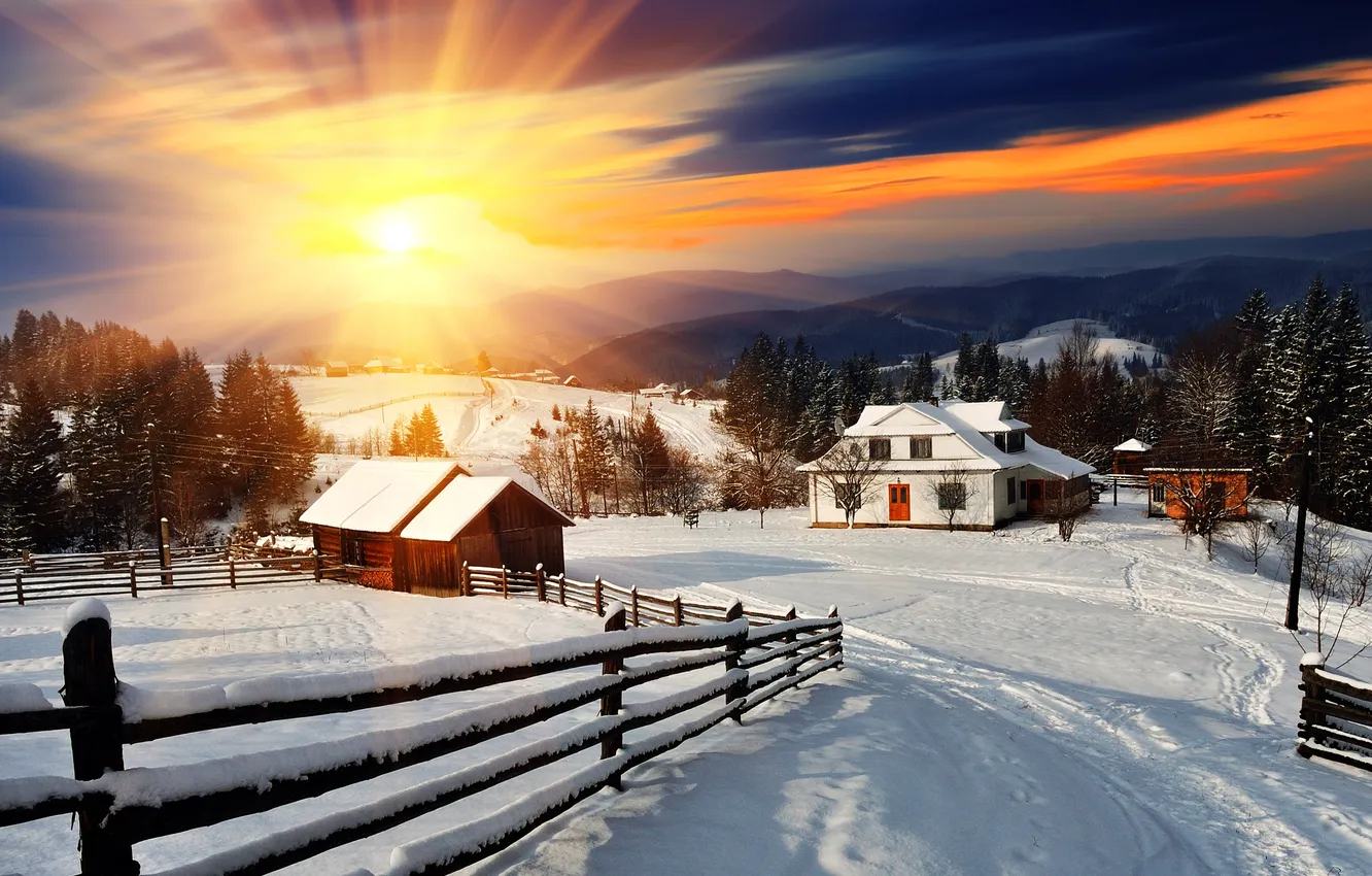 Photo wallpaper winter, the sun, snow, hut, landscape, winter, snow