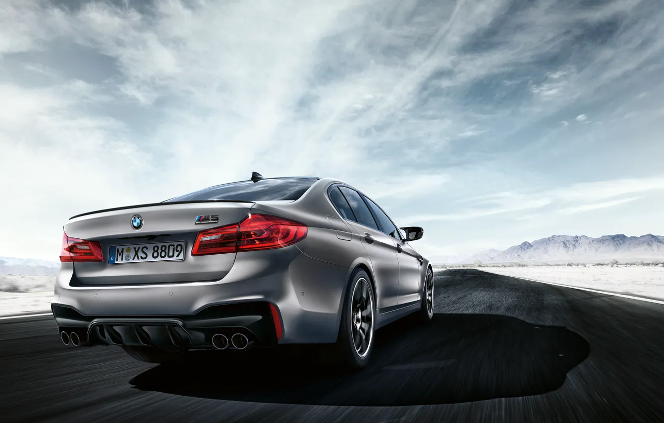 Photo wallpaper road, the sky, asphalt, clouds, mountains, grey, BMW, sedan