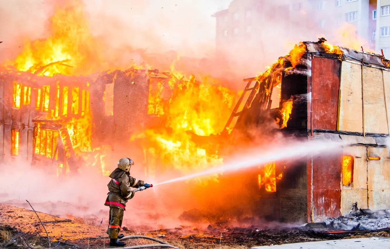 Photo wallpaper fire, destruction, Firefighter