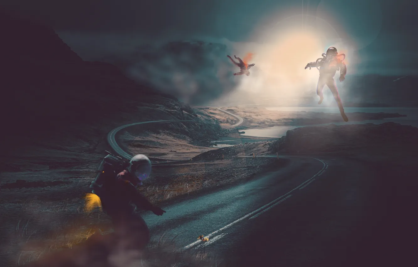 Photo wallpaper road, flight, mountains, pose, fog, rendering, fiction, planet