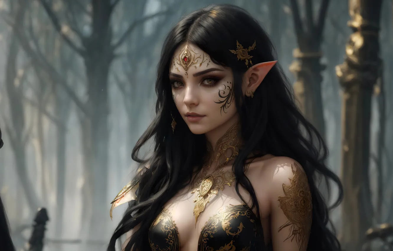 Photo wallpaper girl, fantasy, nature, art, elf, digital art, fantasy art, black clothes