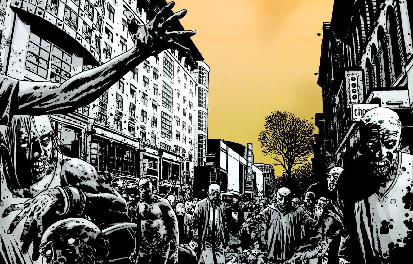 Photo wallpaper the city, street, the crowd, zombies