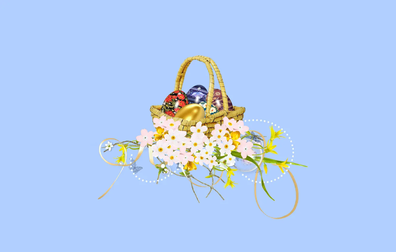 Photo wallpaper flowers, basket, eggs, Easter, happy easter, by Pyrus-acerba