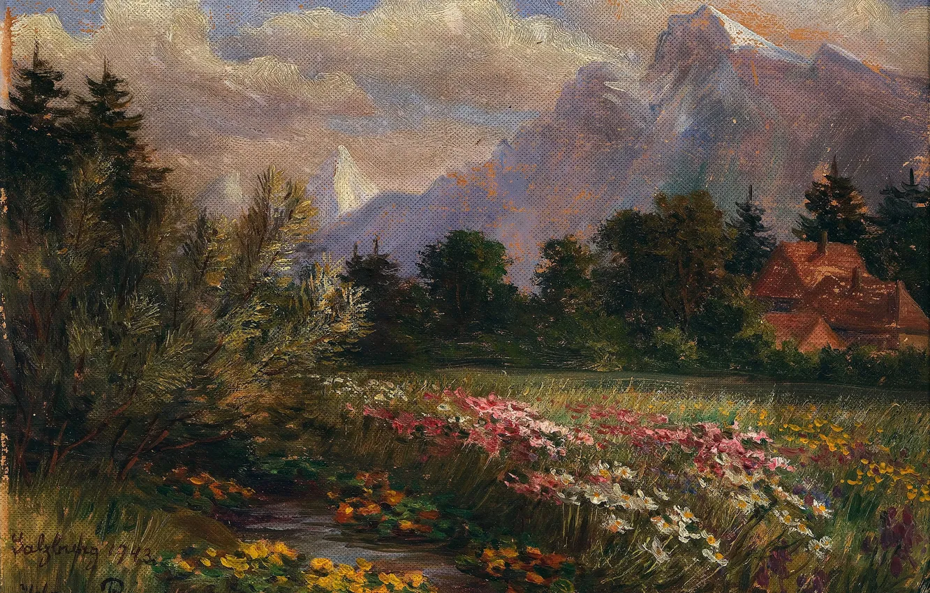 Photo wallpaper trees, flowers, mountains, stream, picture, Austrian landscape painter, Helen von Pausinger, Helene von Pausinger