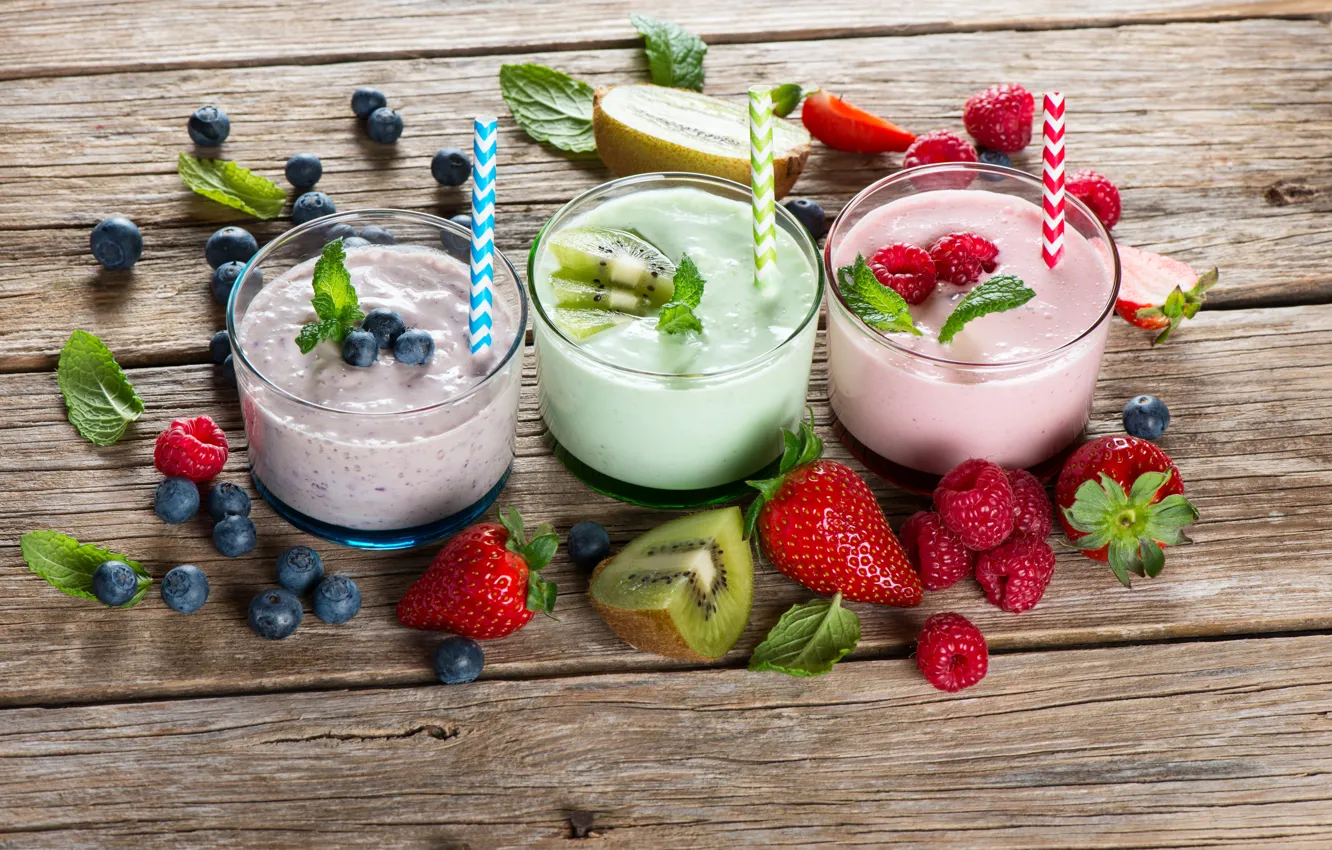 Photo wallpaper berries, raspberry, kiwi, blueberries, strawberry, glasses, mint, yogurt