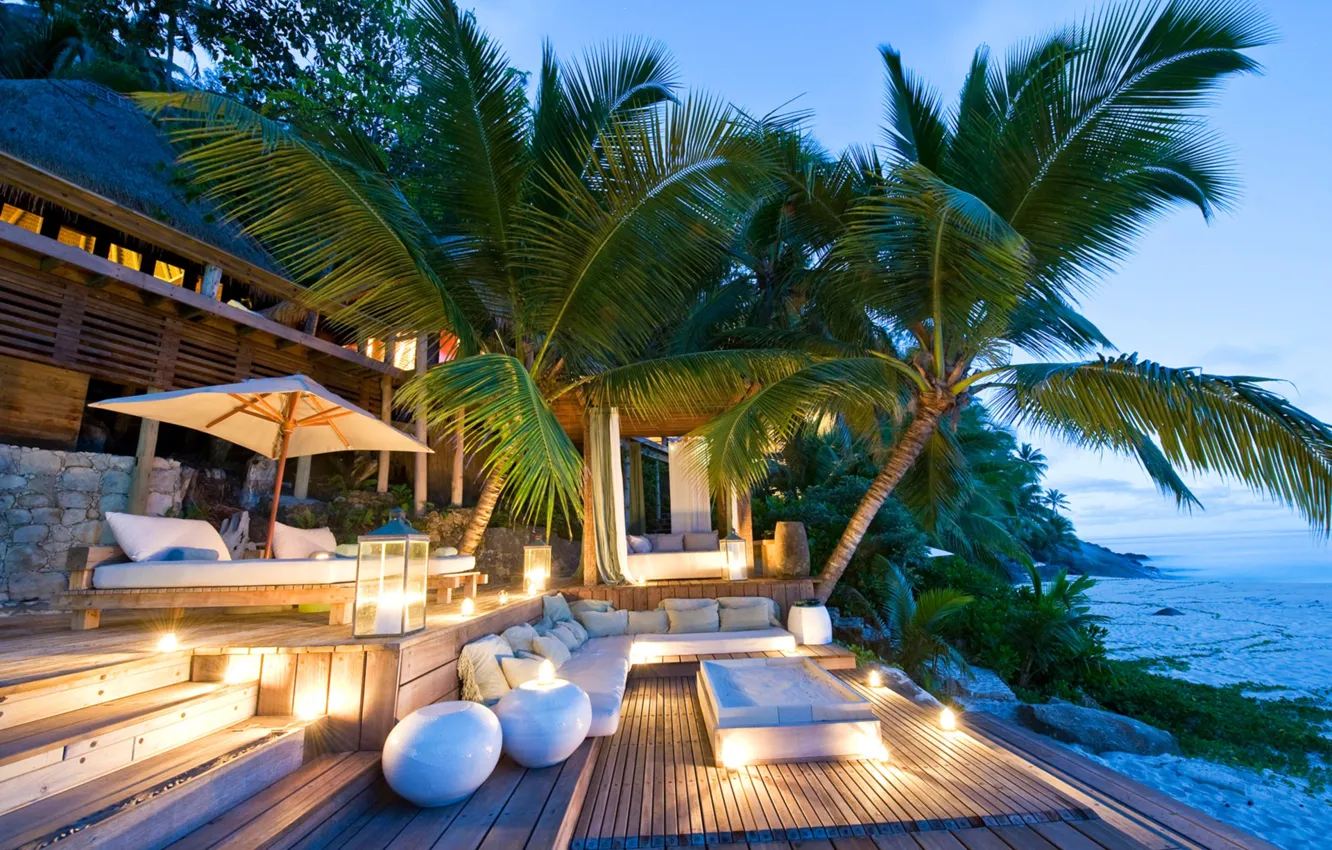 Photo wallpaper sea, beach, palm trees, stay, Seychelles, the hotel, North Island Lodge
