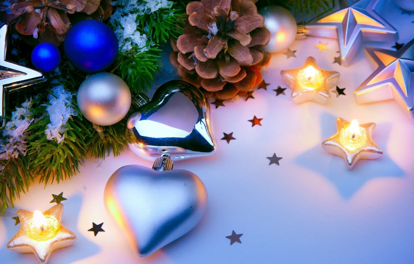 Photo wallpaper balls, new year, candles, bumps, Christmas decorations