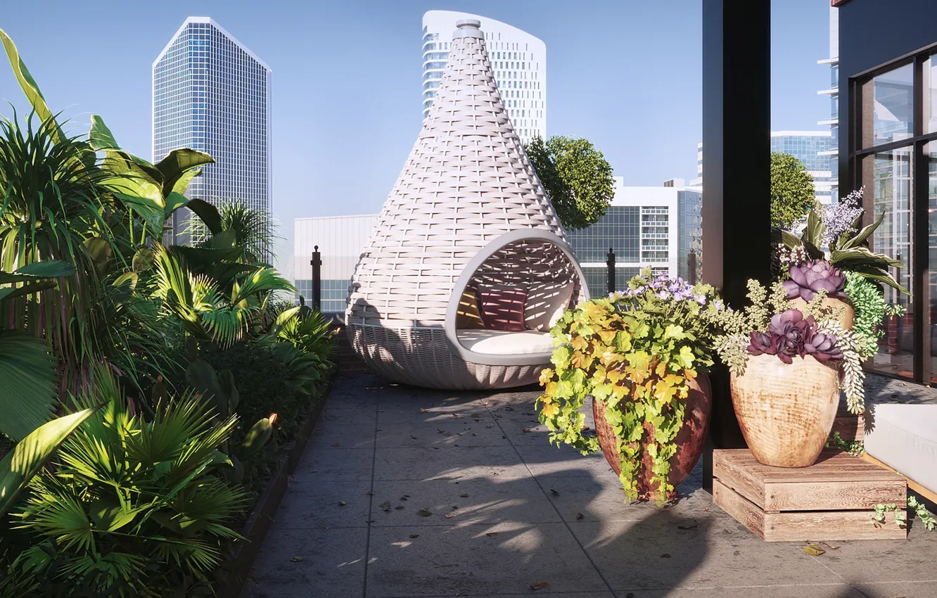 Photo wallpaper vegetation, foliage, building, shadow, Penthouse Apartment