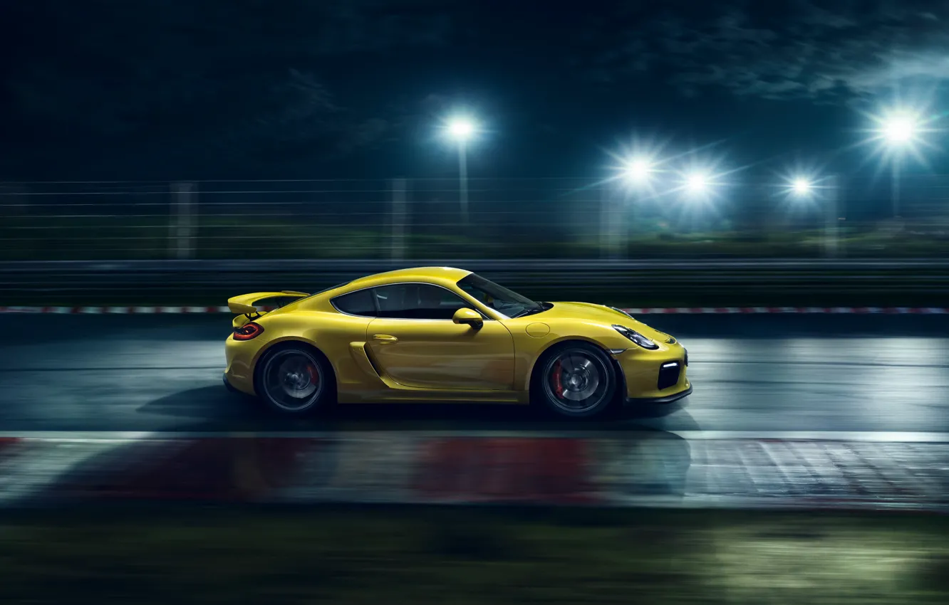 Photo wallpaper Porsche, Cayman, Speed, Yellow, Side, Supercar, Track, GT4