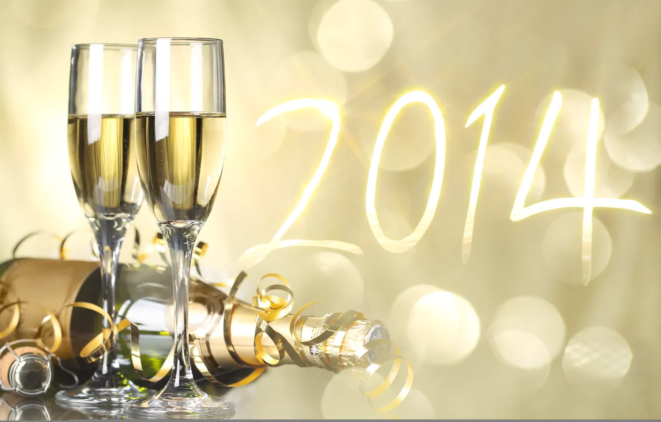 Photo wallpaper holiday, glass, bottle, new year, figures, champagne, serpentine, bokeh