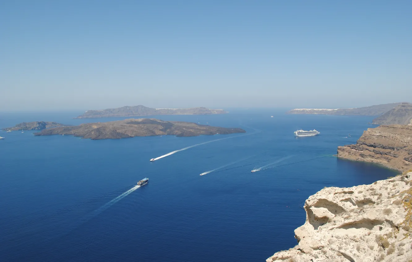 Photo wallpaper sea, rocks, ship, Santorini, view