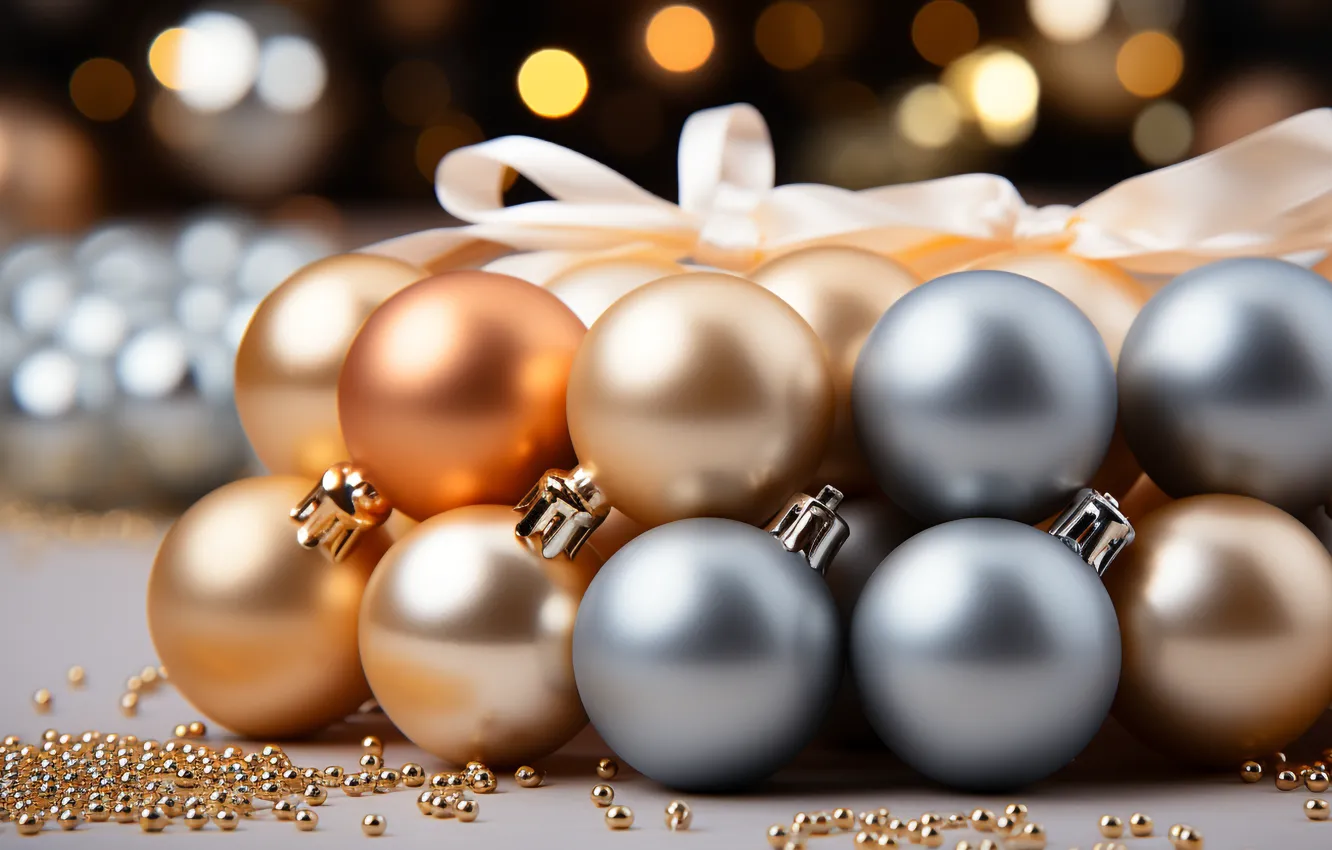 Photo wallpaper balls, new year, Christmas, golden, Christmas, balls, New Year, decoration