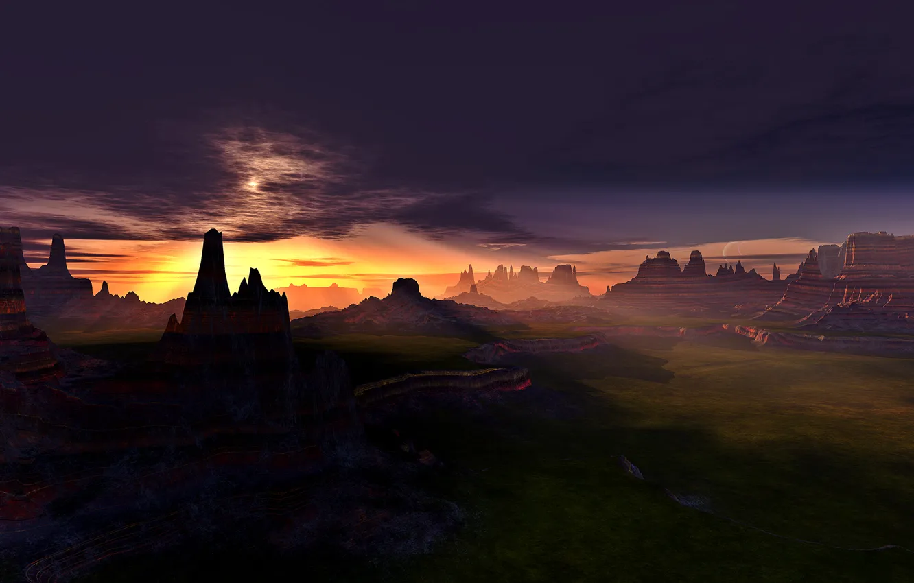 Photo wallpaper the sky, light, rocks, valley, new frontier