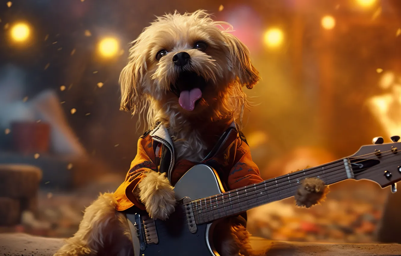 Photo wallpaper language, look, lights, music, the game, guitar, dog, jacket