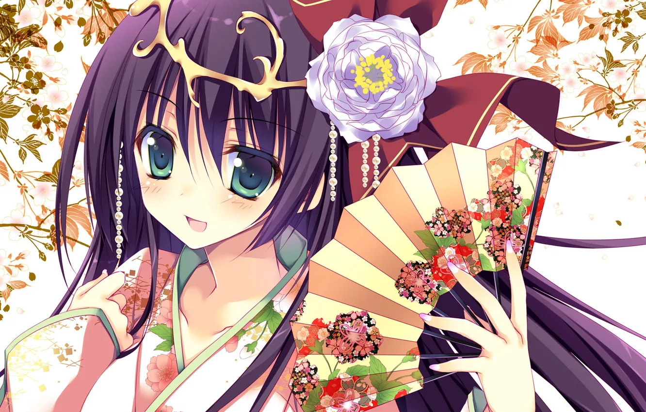 Photo wallpaper girl, flowers, pattern, fan, art, yukata, Yukata
