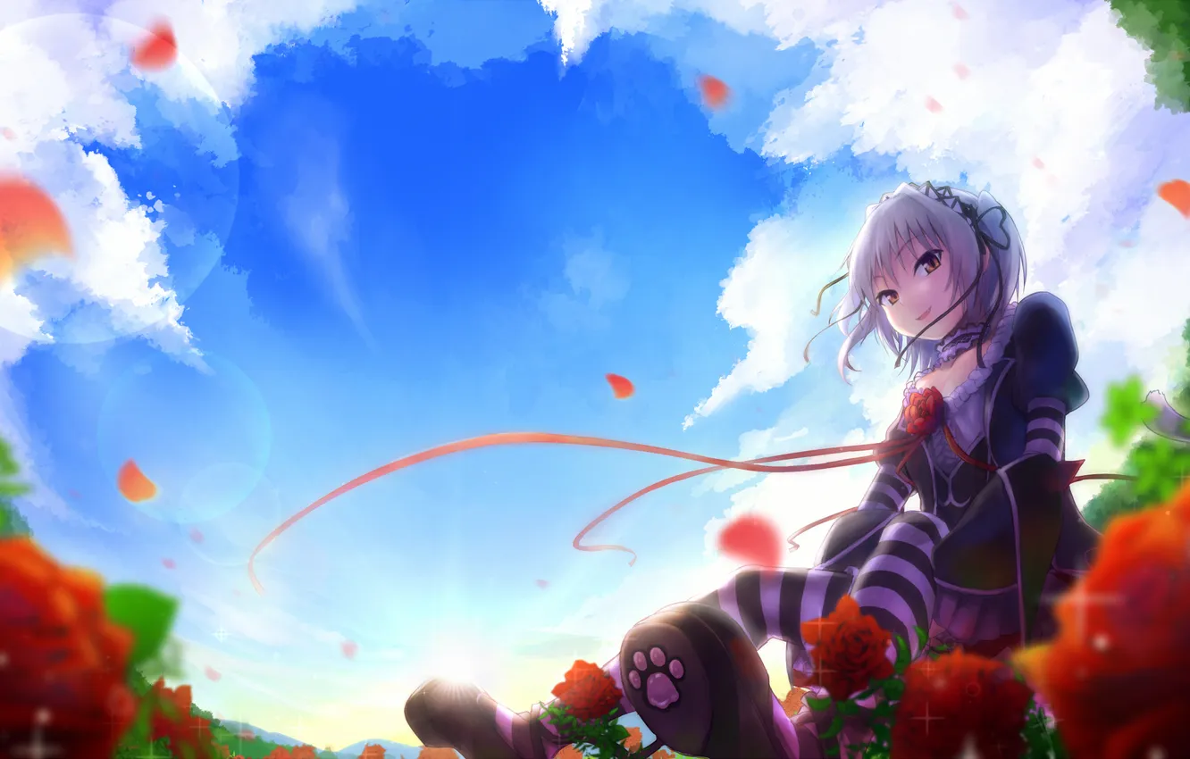 Photo wallpaper the sky, girl, clouds, flowers, the wind, roses, petals, art